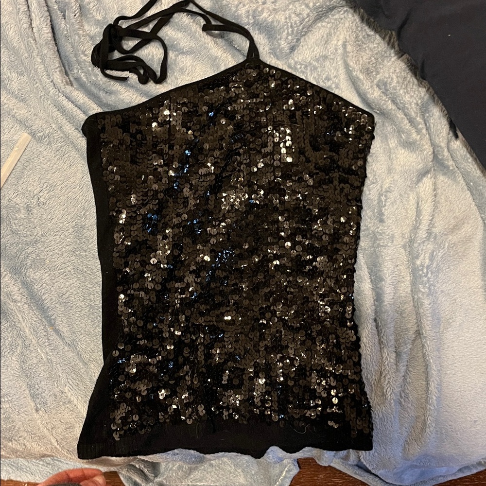 Elegant Black Sequin Halter Tank Top